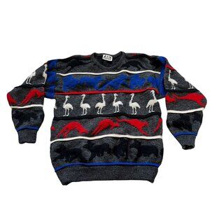 Vintage 90s sweater 3D knit striped animals kids size 18 XL gray blue red